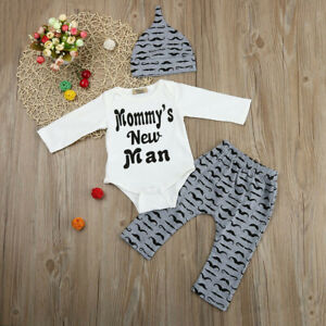 3Pcs Cute Infant Toddler Baby Boy Girl Letter Top+Beard Pant+Hat Outfits Clothes