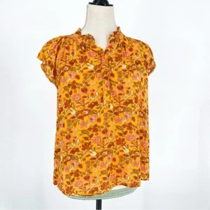 Loft Women's M Floral Metallic Short Sleeve Blouse Yellow - Picture 1 of 8