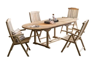 Sitzgruppe Teakholz mit Tisch und vier Armlehnstühlen Naturbelassen 5-teilig - Bild 1 von 3