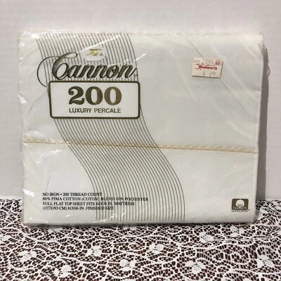 Vintage Cannon 200 Luxury Percale No Iron Full Flat Sheet White Embroidered Trim - Image 1 of 4