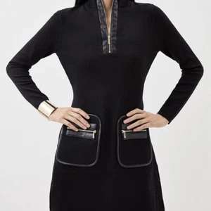 Karen Millen Viscose Blend Rib Knit Half Zip Mini Dress Size Medium Womens Black - Picture 1 of 7