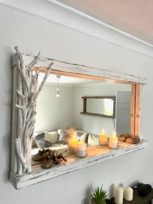 Large Whitewashed Driftwood farmhouse wall mirror with shelf - Image 1 of 2