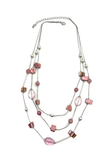 Pink Abalone 3 Strand Layered Station Necklace Pink MOP 22” White Silver Tone - Picture 1 of 24