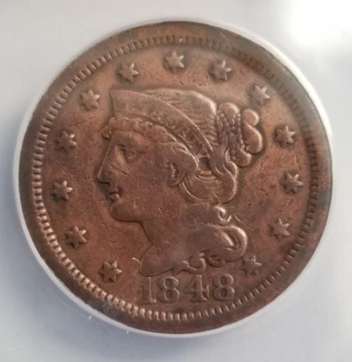 1848 Braided Hair Large Cent ANACS VF20 - Image 1 of 4