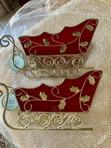 Vintage Pair Of Stained Glass Red Xmas Sleighs. Chesapeake Bay Ltd. Collectibles - Picture 1 of 11