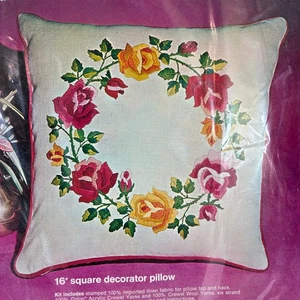 Bucilla Ring of Roses pillow kit crewel 1981 pink yellow cottagecore 2185 N - Picture 1 of 4