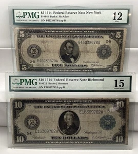 1914 $5 & $10 Federal Reserve Notes PMG 12 & 15 Fr848 Fr922 - Picture 1 of 6
