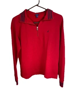 Nautica Damen 1/4 Zip Pullover Sweatshirt rot mit gestreiftem Kragen/Bündchen Gr. M - Bild 1 von 3