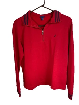 Nautica Ladies 1/4 Zip Pullover Sweatshirt Red with Striped Collar/Cuffs Size M - Image 1 of 3