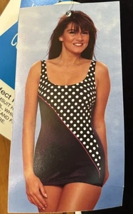 Vintage Dune Deck One Piece Swimsuit Dress Black Dot Pink Womens 16 USA Made NWT - Picture 1 of 8