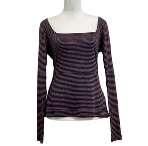 Boden Blue & Copper Metallic Stripes Scoop Square Neck Long Sleeve Top sz 4 - Picture 1 of 10