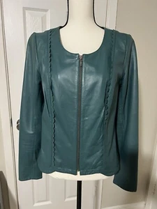Hinge Teal Lamb Leather Moto Jacket Scalloped Edge Zip Up Sz M Pre- owned - Picture 1 of 8