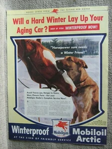 1944 Horse and German Shepherd Dog Are Winter Friends - Mobiloil Ad Print - Picture 1 of 1