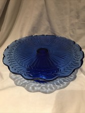 Blue Glass Fleur-de-lis Round Glass Cake Stand or Pedestal Fruit Plate 9 Inches