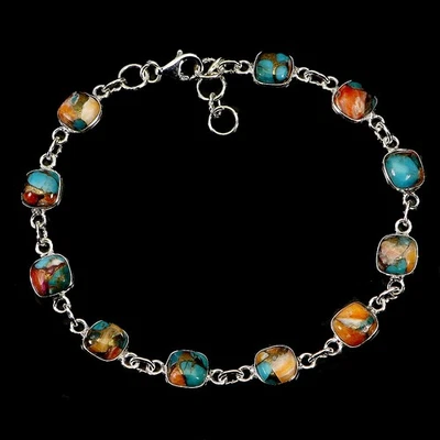 Pulsera de plata de ley 925 cojín Kingman turquesa 6 mm joyas de piedras preciosas 7,5 Foto 1 de 4