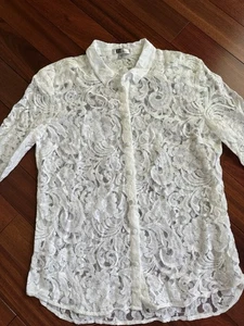 Kut from the Kloth Ladies SZ M Blouse White Lace Open Pattern Button Up Long Slv - Picture 1 of 6