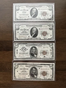 1929 Fed Bank notes (lot Of 4) Type1 $5&$10 Boston, $10 Chi,& Type25 Dallas - Picture 1 of 2