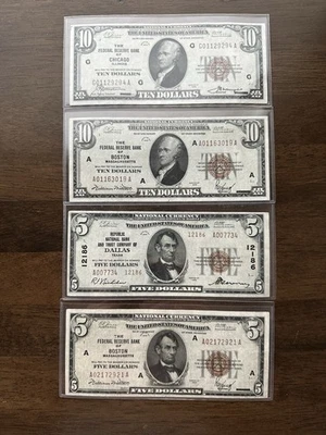1929 Fed Bank notes (lot Of 4) Type1 $5&$10 Boston, $10 Chi,& Type25 Dallas - Image 1 of 2