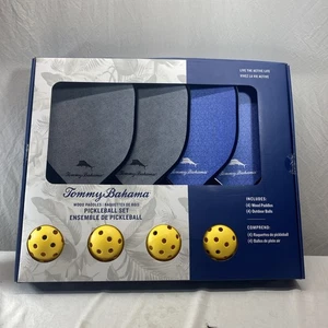 NEW TOMMY BAHAMA PICKLEBALL SET 4 WOOD PADDLES & 4 YELLOW BALLS - Picture 1 of 4