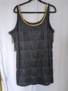 Black Frilled Tassel Dress  Womens XL Flapper Sequin Gold  Sleeveless Sheer  - Picture 1 of 9