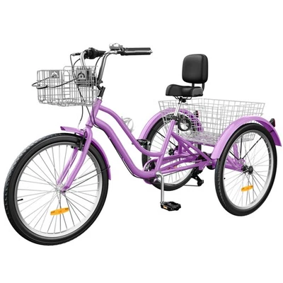 PRACTIUM 24&26" 3-Wheel Bikes 7 Speed Trike for Adults Cruiser Bike w/ Baskets - Image 1 of 4