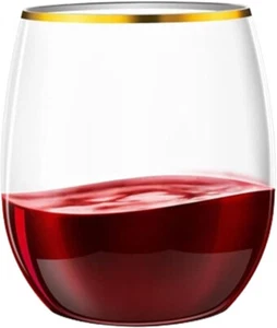 32 Stück Kunststoff Stiellose Weingläser 12 Oz Kristallklar mit Goldrand Einweg - Bild 1 von 2