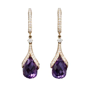 1.34ct Natural Round Diamond Amethyst 14k Rose Gold Wedding Dangler Earring - Picture 1 of 3