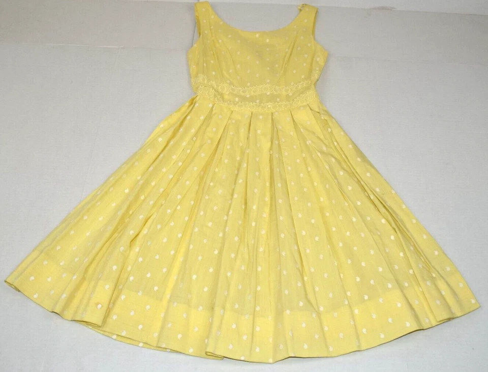 Vestido de verão vintage tamanho S anos 50 gota de limão amarelo branco bolinhas ajuste e alargamento - Imagem 1 de 4