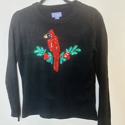 Laura Scott Christmas Sweater Black Sequin Red/Green Cardinal Med Petite.A44 - Image 1 of 4