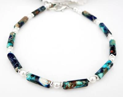 zartes Armband Edelstein Sediment Blau marmoriert Jaspis Süsswasserperle  041a - Bild 1 von 4