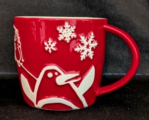 STARBUCKS 2007 Christmas Holiday Collection 8 oz Red Embossed Penguin Mug Cup - Picture 1 of 5