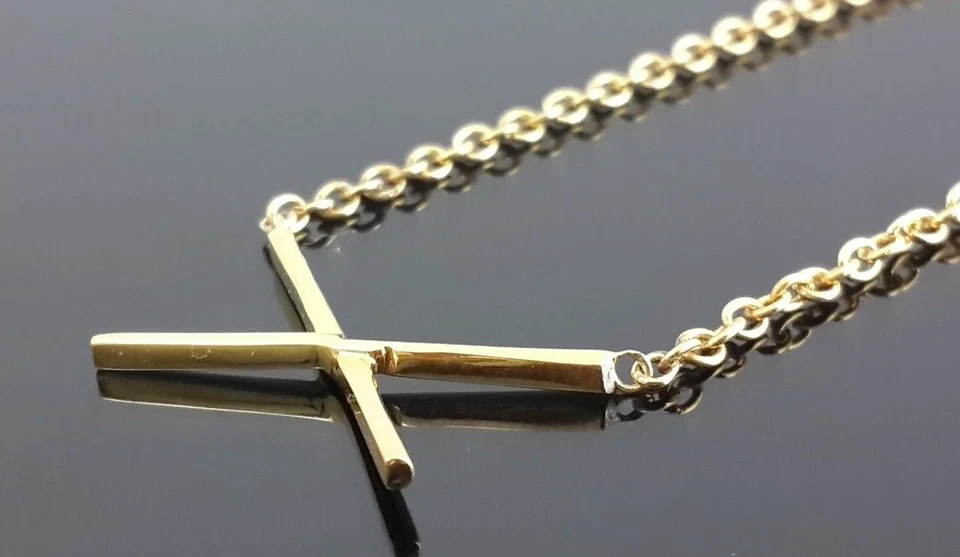 14k Yellow Gold Necklace Plated Solid 925 Sterling Silver Cross Jewelry  - Image 1 of 4