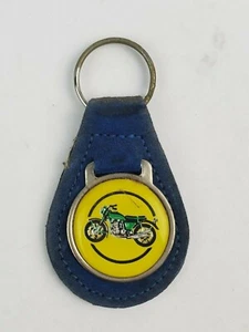 Vintage Motorcycle drawing leather keychain keyring FOB metal back logo Blue - Picture 1 of 4