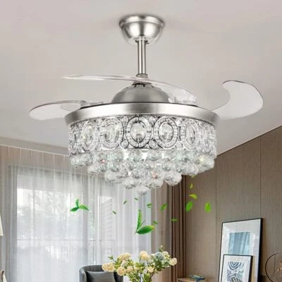 42" Crystal Ceiling Fan Indoor Light Remote Control Modern Silver LED Chandelier - Image 1 of 4