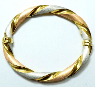 18K Yellow White Rose - Three Color Gold Hollow Cuff Bangle Bracelet 7.5'', 15 g - Image 1 of 4