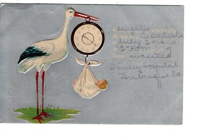 Anuncio de nacimiento de niña-cigüeña pesando bebé-tarjeta postal artística vintage 1910 Foto 1 de 2