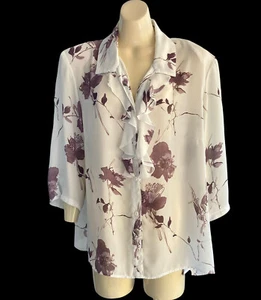 Vtg 80s Ruffled Front Blouse Sz 20 Feminine Flowy Chiffon 3/4 Sleeve Mauve Cream - Picture 1 of 12