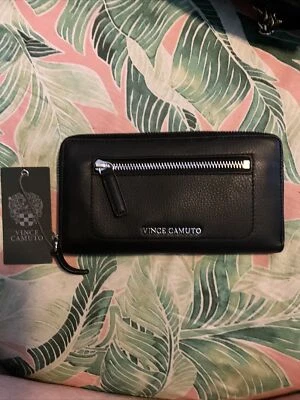 Vince Camuto Mujer Cremallera Alrededor Cuero Negro Cartera Nuevo Foto 1 de 4