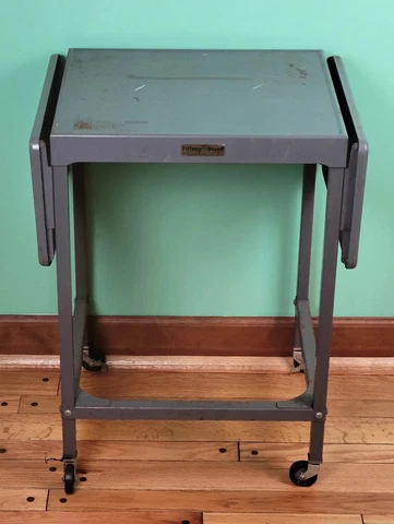 Vintage Tiffany Industrial Drop-Leaf Rolling Typewriter Table Desk Metal Stand Cover