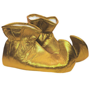 Gold Elf Shoes Shiny Cloth Costume Christmas Xmas Jester Pointy Adult Helper