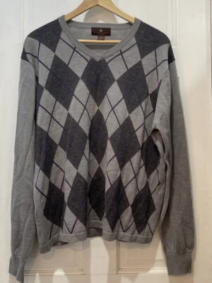 Toscano Gray and Purple Argyle V-Neck Sweater Men’s Size Large - Image 1 of 4