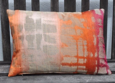 14"x20" Harlequin Flux Sunset/fuchsia burnt orange pink/copper velvet cushion - Image 1 of 3
