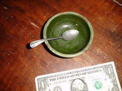 An Extremely Rare, Miniature Redware Baby's Pablum Bowl,orig. Spoon,green Glaze • 4.69$