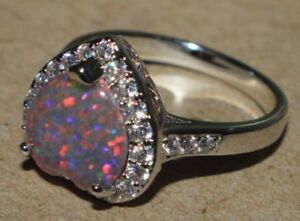 fire opal Cz ring silver jewelry Sz 6.5 7 8 cocktail Heart engagement Love band 