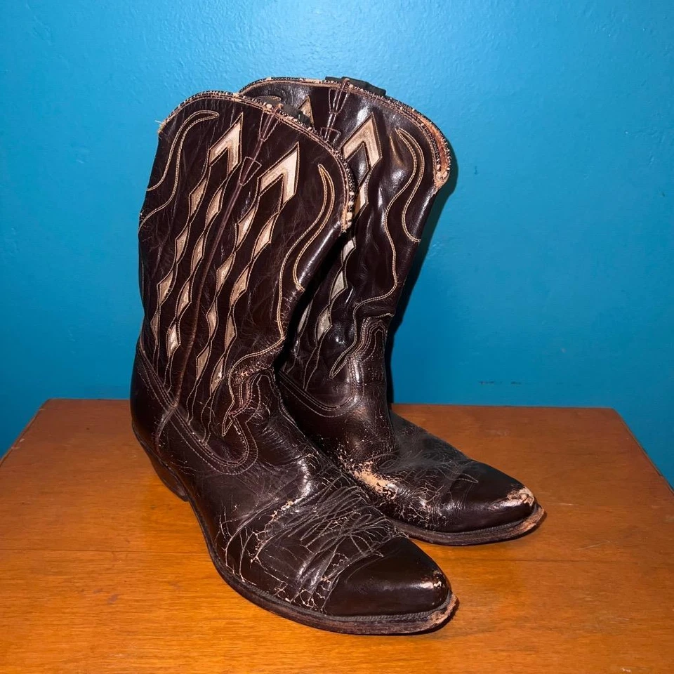 Botas de Vaquero ACME Con Incrustaciones Años 50 De Colección 7.5 D Marrón con Incrustación Blanca Hombres Exóticas Foto 1 de 4