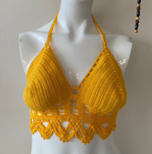 Handmade Yellow Crochet Crop Top Knit Bustier, Size (M/L) Adjustable back rope,