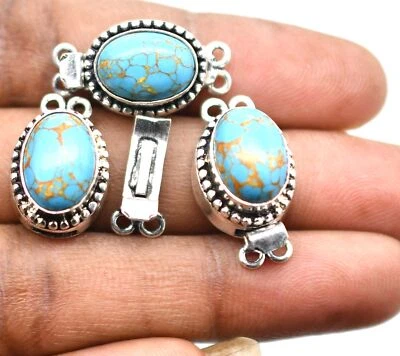 1 Pc Blue Copper Turquoise Box Clasp 2 Strand Antique Silver Plated - Image 1 of 4