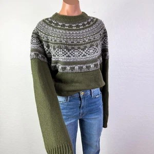 Grandpa Nordic Merino Wool Baby Alpaca Fair Isle Sweater Olive Green sz L NWT - Picture 1 of 10
