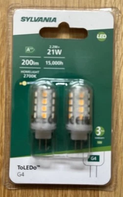 2 Pack Of SYLVANIA TOLEDO LED 2.2W=21W Capsule light bulb G4 Warm White (2700K) - Image 1 of 3