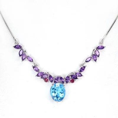 REAL SKY BLUE TOPAZ & PURPLE AMETHYST STERLING 925 SILVER NECKLACE 17.25-19.25" - Image 1 of 4
